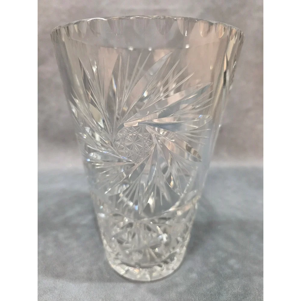 Vintage Cut Crystal Pinwheel Starburst Flared Vase Scalloped Rim 8 Inch